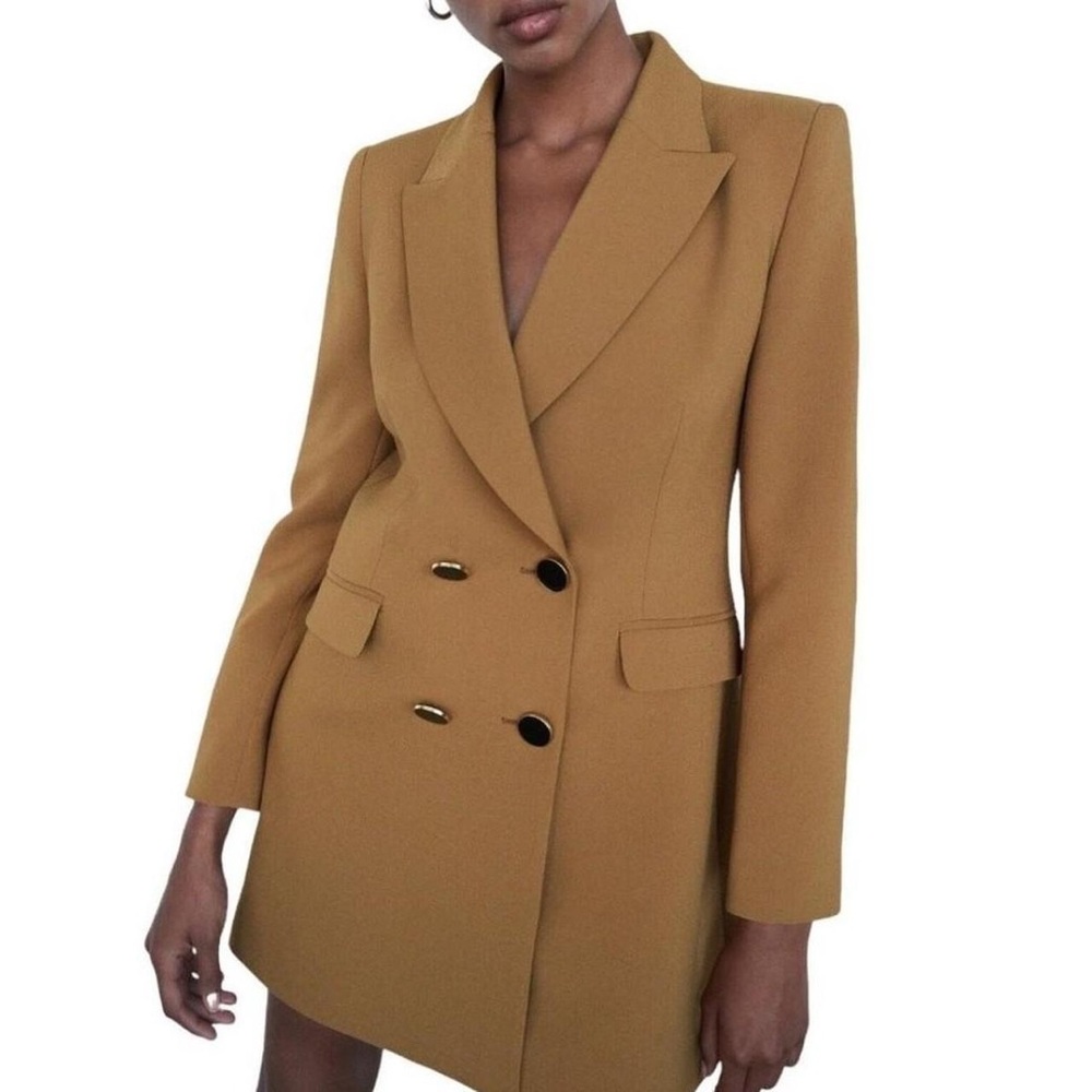ZARA Double-Breasted Long Brown Blazer with Large Gold Buttons Size XS